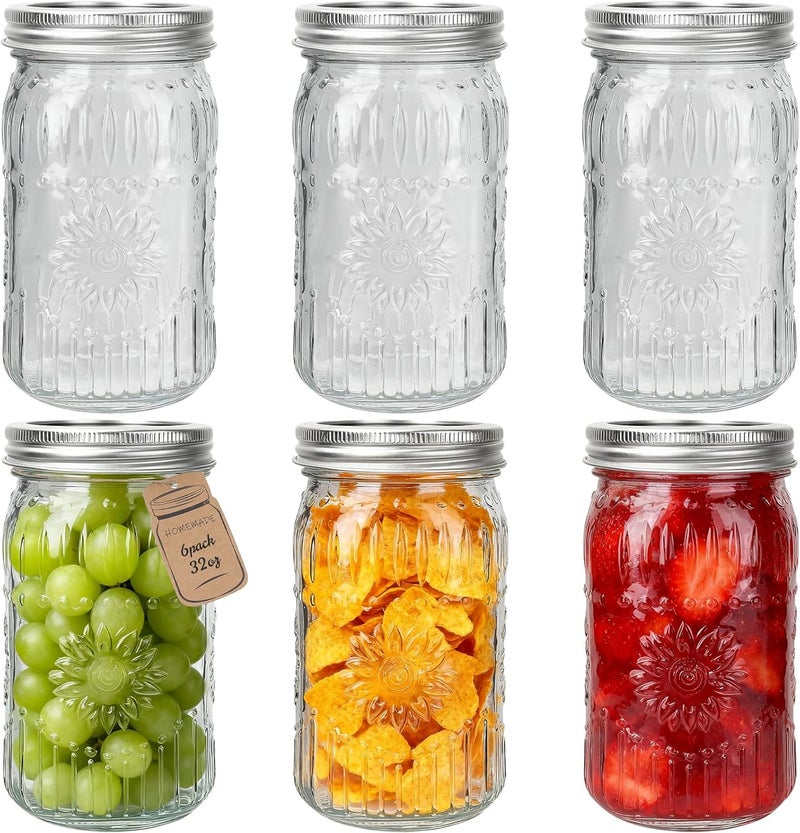 CycleMore 6 Pack 32oz Glass Mason Jars with Silver Two-Piece Lids - Wide Mouth Jars, 1 Quart Canning Jars With Sunflower Print for Preserving, Decor & Storage - Image 1